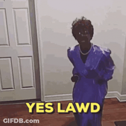 A Woman In A Purple Robe Is Standing In Front Of A Door With The Words Yes Lawd Written On It . GIF