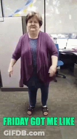 A Woman In A Purple Shirt Is Dancing In An Office With The Words Friday Got Me Like Above Her GIF