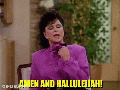 A Woman In A Purple Shirt Is Sitting In A Chair And Says Amen And Hallelujah GIF