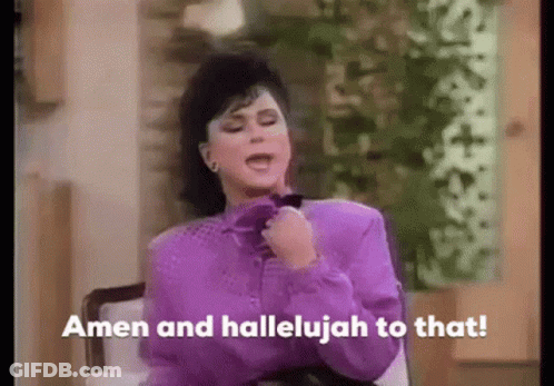 A Woman In A Purple Shirt Is Sitting In A Chair And Says Amen And Hallelujah To That ! GIF