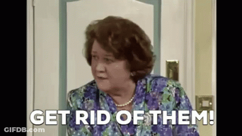 A Woman In A Purple Shirt Is Standing In Front Of A Door And Says `` Get Rid Of Them ! '' GIF