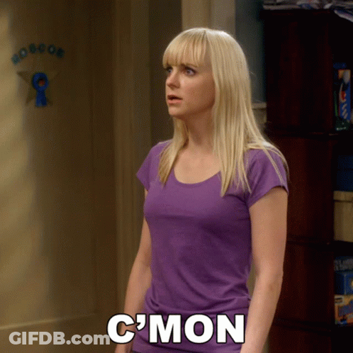 A Woman In A Purple Shirt Is Standing In Front Of A Door That Says C'mon GIF