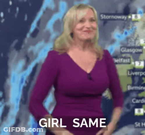 A Woman In A Purple Shirt Is Standing In Front Of A Map With The Words Girl Same On It GIF