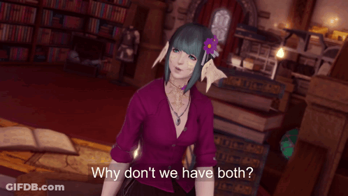 A Woman In A Purple Shirt Says Why Don 'T We Have Both GIF