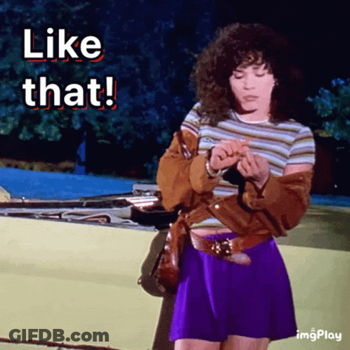 A Woman In A Purple Skirt Is Standing In Front Of A Car With The Words " Like That " Above Her GIF