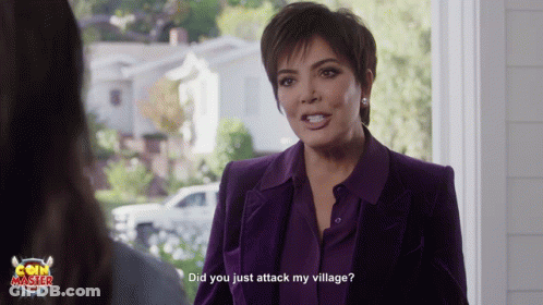 A Woman In A Purple Suit Is Talking To Another Woman And The Words Did You Just Attack My Village Are Visible GIF