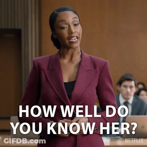 A Woman In A Purple Suit Stands In Front Of A Group Of People And Says " How Well Do You Know Her " GIF