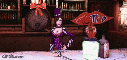 A Woman In A Purple Top Hat Stands In Front Of A Sign That Says " Insert Tip " GIF
