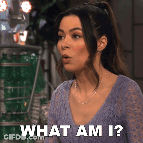A Woman In A Purple Top Is Asking The Question What Am I GIF