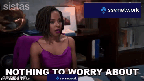 A Woman In A Purple Top Is Sitting At A Desk With A Ssv Network Logo Behind Her GIF