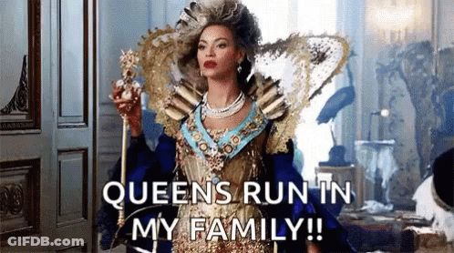 A Woman In A Queen 'S Costume Is Holding A Crown And A Cane And Says Queens Run In My Family GIF