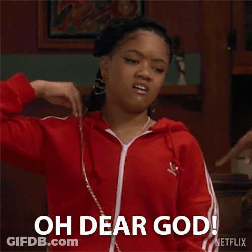 A Woman In A Red Adidas Jacket Is Making A Funny Face And Saying `` Oh Dear God '' . GIF