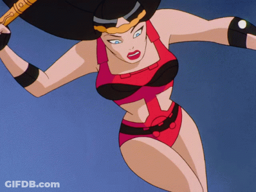 A Woman In A Red And Black Bikini Is Holding A Sword GIF