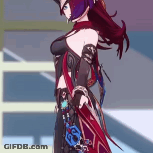 A Woman In A Red And Black Dress Is Holding A Sword And A Key . GIF