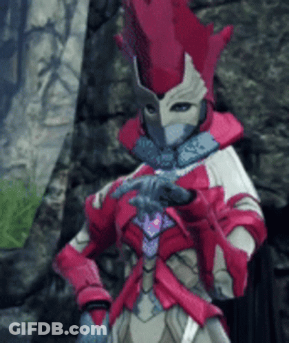 A Woman In A Red And White Costume Is Holding A Sword In Her Hand . GIF