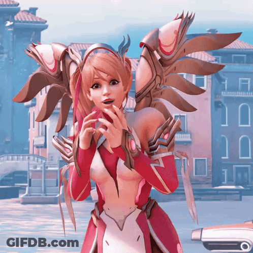 A Woman In A Red And White Costume With Wings Is Standing In Front Of A Pink Building GIF