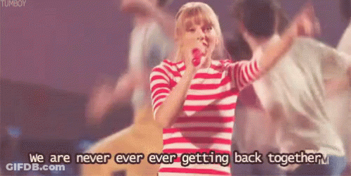 A Woman In A Red And White Striped Shirt Is Singing Into A Microphone With The Words " We Are Never Ever Ever Getting Ba GIF