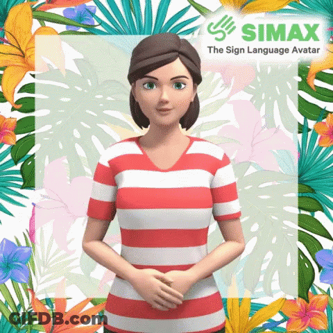 A Woman In A Red And White Striped Shirt Stands In Front Of A Sign Language Avatar For Simax GIF