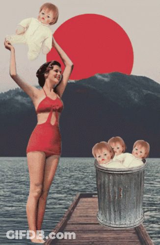 A Woman In A Red Bathing Suit Is Holding Two Babies And A Trash Can With Three Babies In It GIF