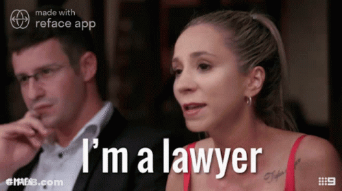 A Woman In A Red Bra Says I 'M A Lawyer In Front Of A Man In A Suit GIF