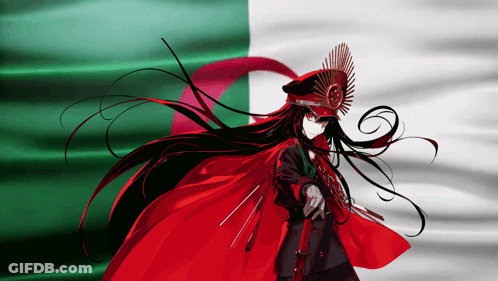 A Woman In A Red Cape Is Standing In Front Of A Flag GIF