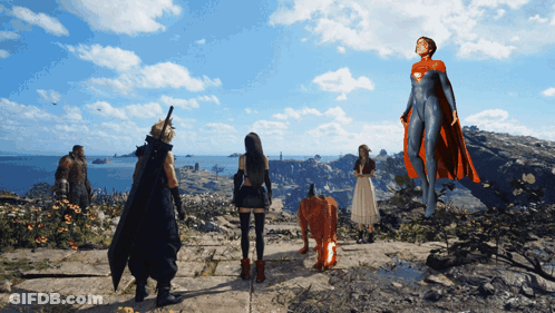 A Woman In A Red Cape Stands In Front Of A Group Of Characters GIF