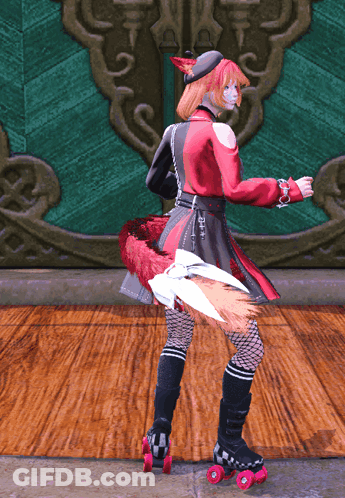 A Woman In A Red Dress And Black Boots Is Rollerblading GIF