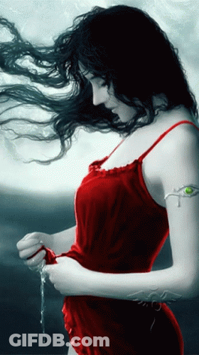 A Woman In A Red Dress Has A Green Eye On Her Sleeve GIF
