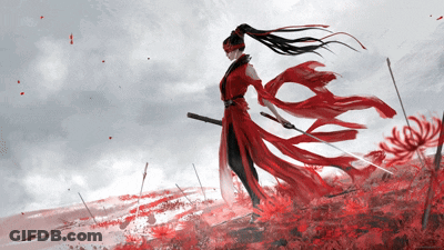 A Woman In A Red Dress Holding A Sword GIF