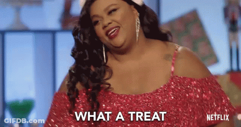 A Woman In A Red Dress Is Asking What A Treat . GIF