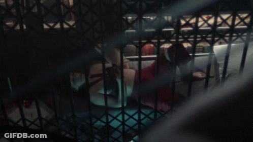 A Woman In A Red Dress Is Behind Bars In A Cage GIF