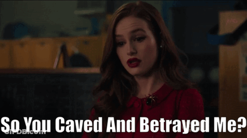 Woman In Red Dress Asked If She Caved And Betrayed Me GIF