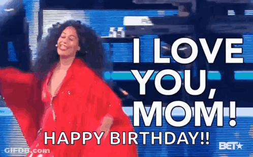 A Woman In A Red Dress Is Dancing On A Stage With The Words `` I Love You , Mom ! `` GIF