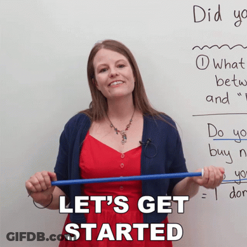 A Woman In A Red Dress Is Holding A Blue Stick In Front Of A Whiteboard That Says " Let 'S Get Started " GIF