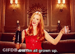 A Woman In A Red Dress Is Holding A Bottle Of Alcohol And A Glass Of Water .. GIF