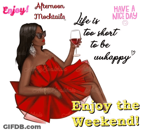 A Woman In A Red Dress Is Holding A Glass Of Wine And Says " Life Is Too Short To Be Unhappy " GIF