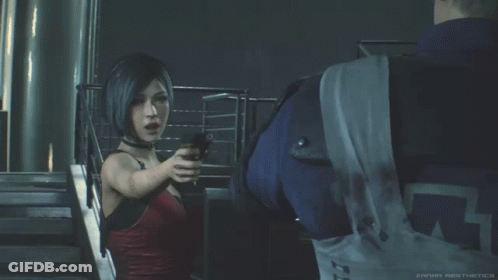 A Woman In A Red Dress Is Holding A Gun And Says I Really Hoped GIF