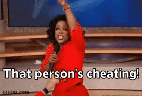 A Woman In A Red Dress Is Holding A Microphone And Saying That Person 'S Cheating ! GIF