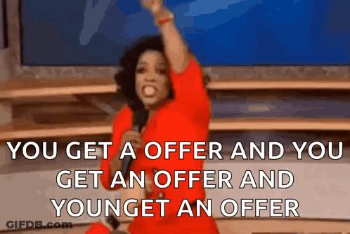A Woman In A Red Dress Is Holding A Microphone And Saying You Get A Offer And You Get An Offer And You Youngget An Offer GIF