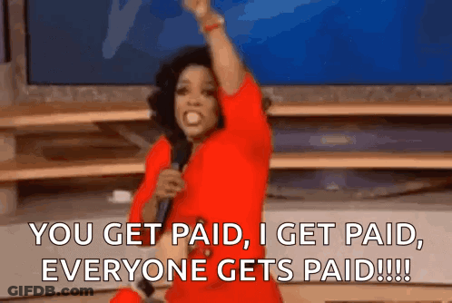 A Woman In A Red Dress Is Holding A Microphone And Saying You Get Paid I Get Paid Everyone Gets Paid . GIF