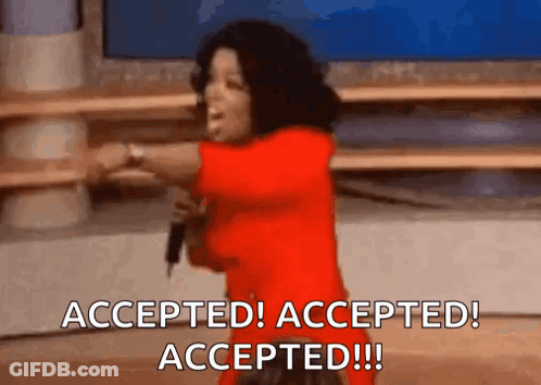 A Woman In A Red Dress Is Holding A Microphone And Says Accepted ! Accepted ! Accepted !! GIF