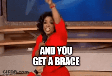 A Woman In A Red Dress Is Holding A Microphone And Says `` And You Get A Brace '' GIF