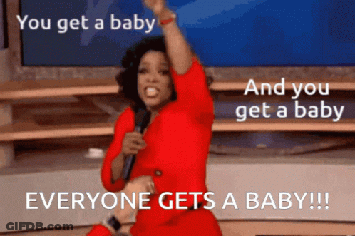 A Woman In A Red Dress Is Holding A Microphone And Says " You Get A Baby And You Get A Baby " GIF