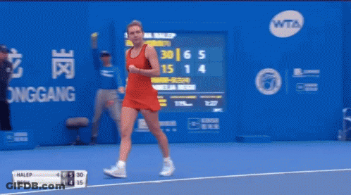 A Woman In A Red Dress Is Holding A Tennis Racket On A Tennis Court GIF