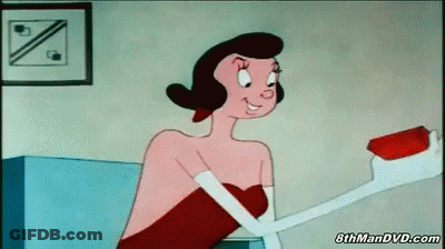 A Woman In A Red Dress Is Holding A Toothbrush With A Toothpaste On It In A Cartoon GIF