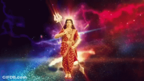 A Woman In A Red Dress Is Holding A Trident In A Galaxy . GIF