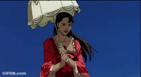 A Woman In A Red Dress Is Holding An Umbrella Against A Blue Sky GIF