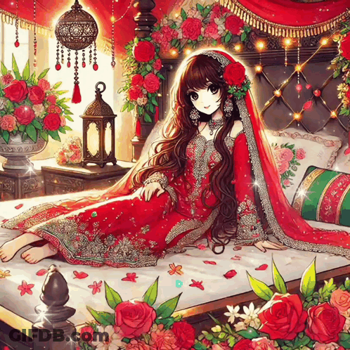 A Woman In A Red Dress Is Laying On A Bed Surrounded By Flowers GIF