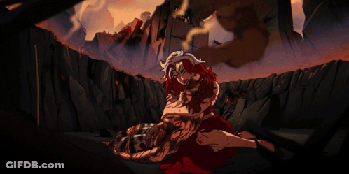 A Woman In A Red Dress Is Laying On A Man 'S Chest GIF