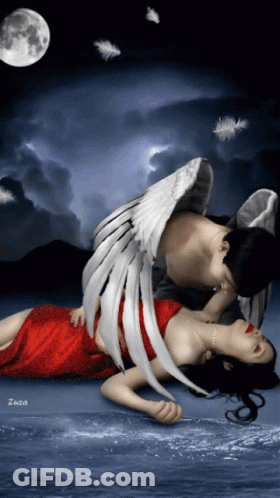 A Woman In A Red Dress Is Laying On The Ground With A Man With Angel Wings On Her Back GIF